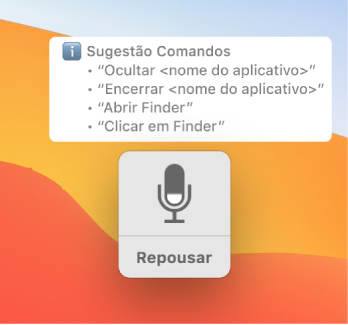Janela de feedback do Controle por Voz com sugestões de comandos, como “Abrir o Finder” ou “Clicar no Finder”, mostradas ao seu lado.
