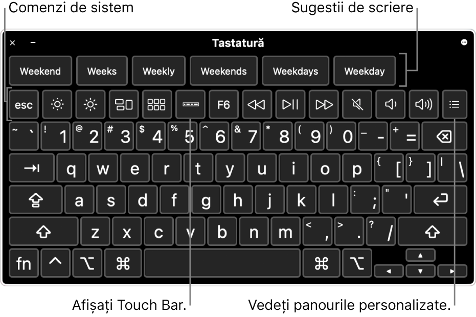 Tastatură de accesibilitate cu sugestii de tastare în partea de sus. Mai jos se află un rând de butoane pentru comenzile de sistem, pentru a realiza lucruri cum ar fi ajustarea luminozității afișajului, afișarea pe ecran a barei Touch Bar și afișarea panourilor personalizate.