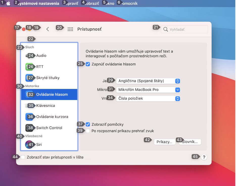 Ľavá časť lišty zobrazujúca číslo vedľa každej položky v lište. Nižšie sa nachádza panel Ovládanie hlasom v nastaveniach Prístupnosť zobrazujúci číslo vedľa každého ovládacieho prvku užívateľského rozhrania.