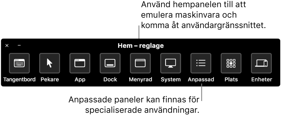 På hempanelen för Reglagestyrning finns knappar för att styra, från vänster till höger, tangentbordet, pekaren, app, Dock, menyraden, systemreglage, anpassade paneler, skärmplacering och andra enheter.