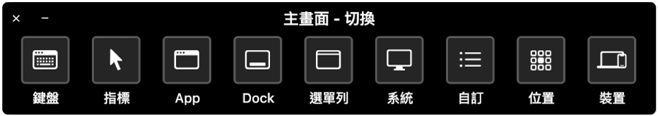 「切換控制個人專屬面板」提供控制按鈕，由左至右分別用於控制鍵盤、指標、App、Dock、選單列、系統控制項目、自訂面板、螢幕位置和其他裝置。