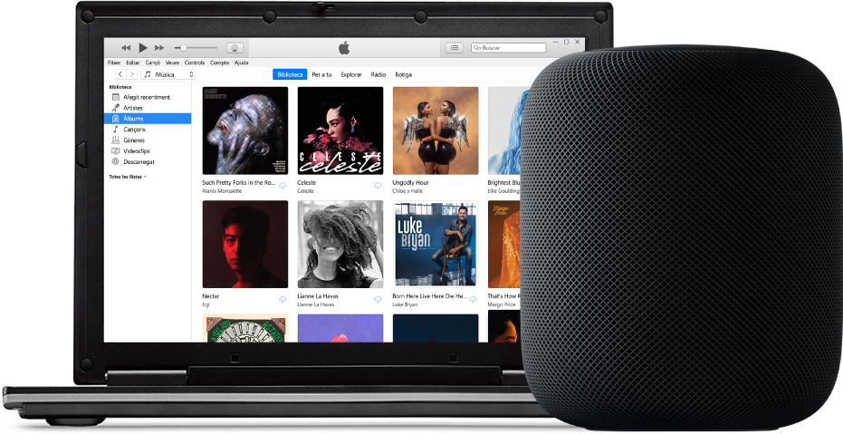 Un PC amb l’iTunes a la pantalla i un HomePod a prop.