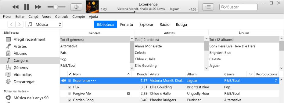 Finestra principal de l’iTunes: El navegador de columnes apareix a la dreta de la barra d’eines i a sobre de la llista de cançons.
