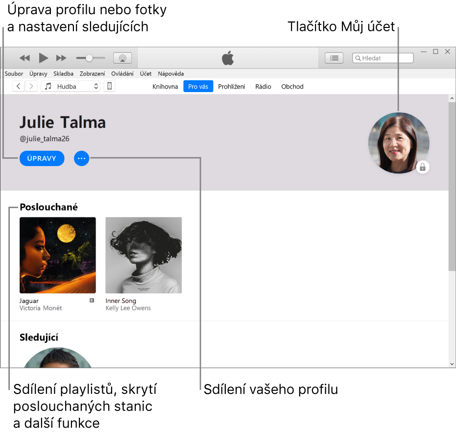 Profilová stránka v Apple Music: V levém horním rohu je pod vaším jménem umístěna volba Upravit. Když na ni kliknete, můžete upravit svůj profil nebo fotografii a určit, kdo vás smí sledovat. Vpravo od volby Upravit se nachází tlačítko Více. Na toto tlačítko klikněte, pokud chcete ohlásit problém nebo nasdílet svůj profil. V pravém horním rohu se nachází tlačítko Můj účet. Pod záhlavím Co poslouchám jsou uvedená všechna alba, která posloucháte. Po kliknutí na tlačítko Více můžete skrýt stanice, které posloucháte, sdílet playlisty apod.