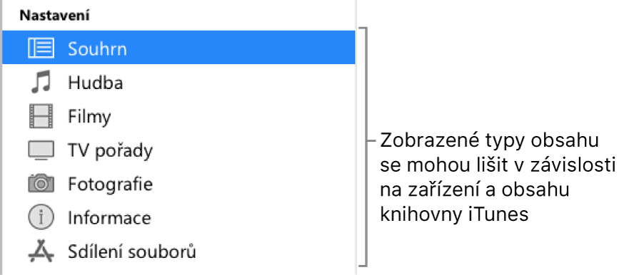 Na bočním panelu vlevo je vybrán Souhrn Zobrazené typy obsahu mohou záviset na vašem zařízení a na obsahu vaší knihovny iTunes
