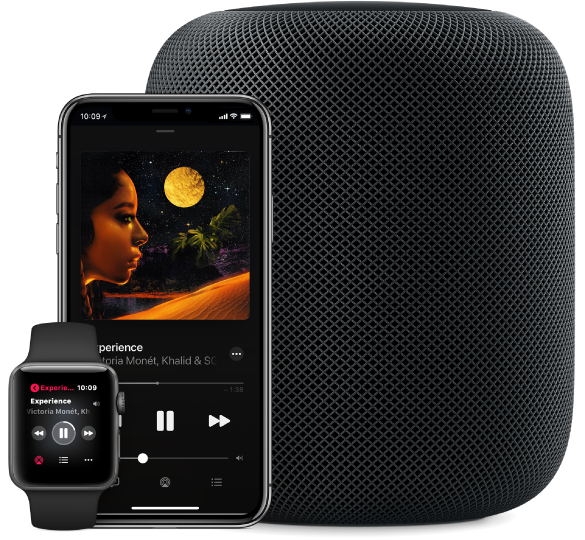 Darstellung eines Musiktitels auf Apple Music, der auf einer Apple Watch, einem iPhone und einem HomePod abgespielt wird