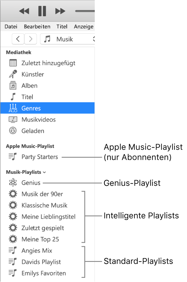 Die iTunes-Seitenleiste mit verschiedenen Typen von Playlists: Apple Music (nur Abonnenten), Genius-, intelligente und Standard-Playlists.