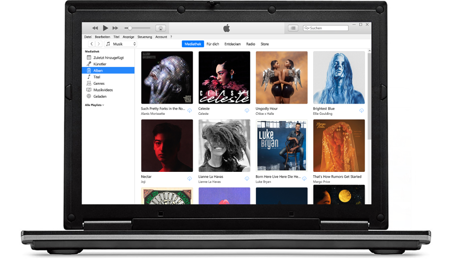 Das iTunes-Fenster mit einer Mediathek mit mehreren Alben