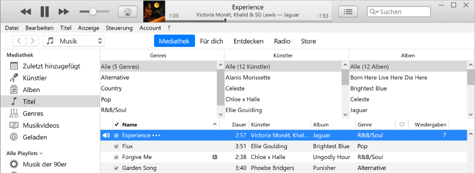 Das iTunes-Hauptfenster: Der Spaltenbrowser wird rechts neben der Seitenleiste und über der Titelliste angezeigt.