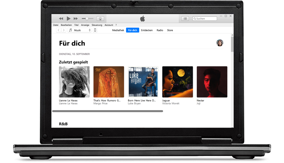 Ein PC und ein iPhone mit „Für dich“ in Apple Music