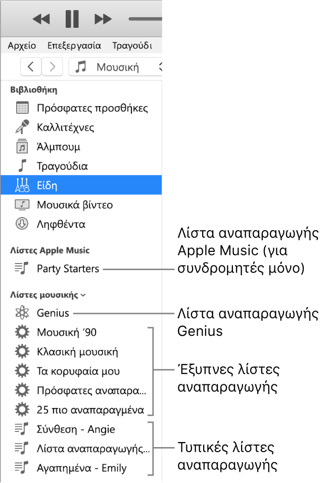 Η πλαϊνή στήλη iTunes με τους διάφορους τύπους λιστών αναπαραγωγής: Apple Music (μόνο συνδρομητές), Genius, Έξυπνες, και τυπικές λίστες αναπαραγωγής.