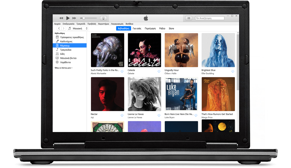 Το παράθυρο iTunes με μια βιβλιοθήκη πολλών άλμπουμ.