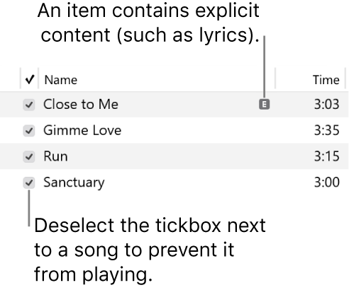 Detail of the Songs view in music, showing the tickboxes on the left and an explicit symbol for the first song (indicating it has explicit content such as lyrics). Deselect the tickbox next to a song to prevent it from playing.