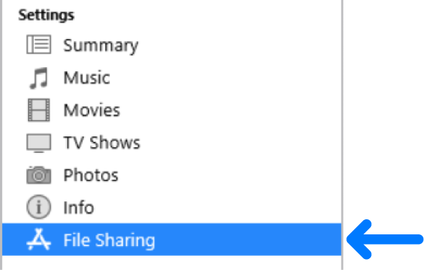 In the device Settings, click File Sharing to transfer files between your computer and device.