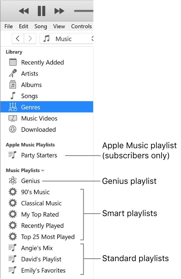 The iTunes sidebar showing the various types of playlists: Apple Music (subscribers only), Genius, Smart, and standard playlists.