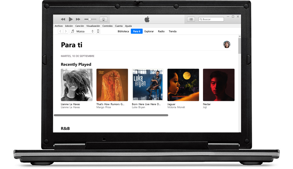 Una PC y un iPhone con "Para ti" de Apple Music.