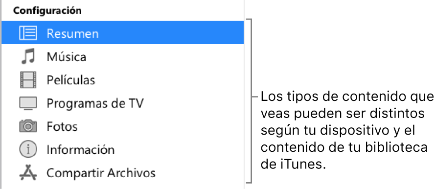 La opción Resumen está seleccionada en la barra lateral de la izquierda. Los tipos de contenido que aparecen pueden variar dependiendo de tu dispositivo y del contenido de tu biblioteca de iTunes.