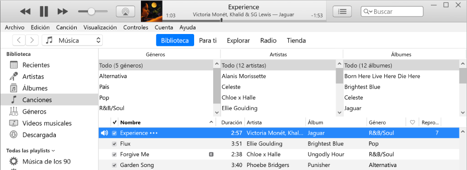 La ventana principal de iTunes: el explorador de columnas aparece a la derecha de la barra lateral y arriba de la lista de canciones.