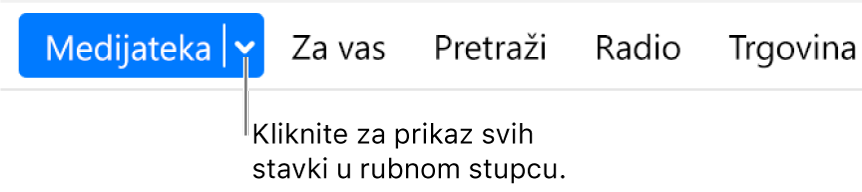 Tipka Medijateka u navigacijskoj traci, s prikazom skočnog izbornika; kliknite je za pristup svim stavkama rubnog stupca kada sakrijete rubni stupac.