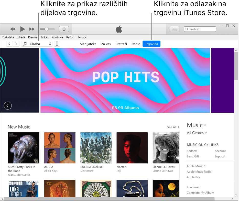 Glavni prozor trgovine iTunes Store: U navigacijskoj traci Trgovina je istaknuta. U gornjem lijevom kutu odaberite prikaz drugog sadržaja u Trgovini (kao što je Glazba ili TV).
