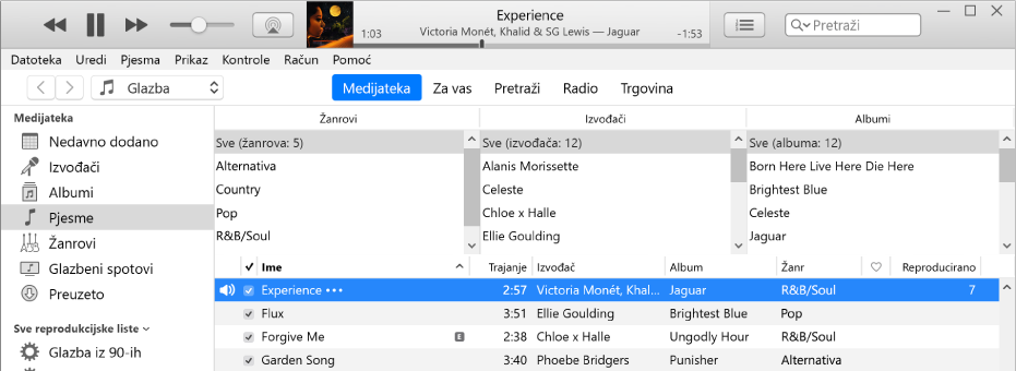 Glavni prozor aplikacije iTunes: Preglednik stupaca pojavljuje se s desne strane rubnog stupca i iznad popisa pjesama.