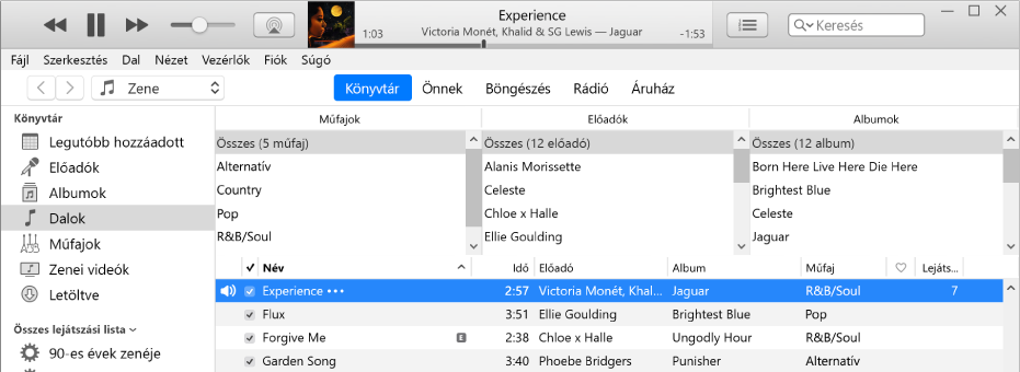 Az iTunes fő ablaka: Az oszlopböngésző az oldalsáv jobb oldalán és a dalok listája felett jelenik meg.