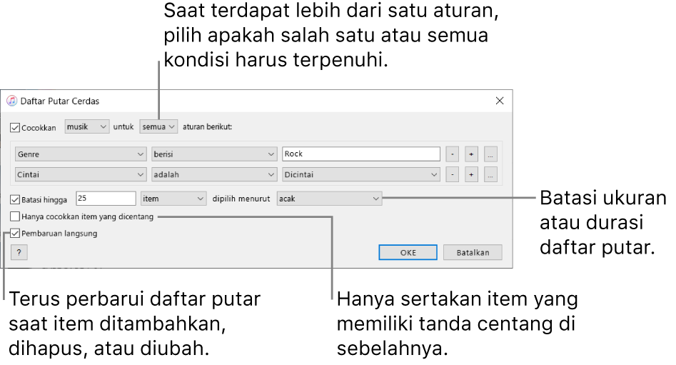 Jendela Daftar Putar Cerdas: Di pojok kiri atas, pilih Match, lalu tentukan kriteria daftar putar (seperti genre atau cinta). Terus tambahkan atau hapus aturan; saat terdapat lebih dari satu aturan, pilih apakah salah satu atau semua kondisi harus dipenuhi. Pilih beragam opsi di bagian bawah jendela seperti pembatasan ukuran atau durasi daftar putar, termasuk hanya lagu yang dicentang atau membuat iTunes memperbarui daftar putar menjadi item di perubahan perpustakaan Anda.