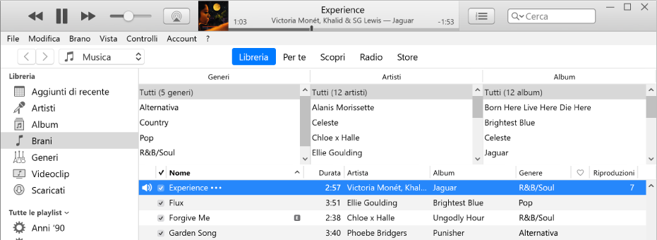 Finestra principale di iTunes: il browser a colonne è disponibile a destra della barra laterale e sopra l’elenco di brani.