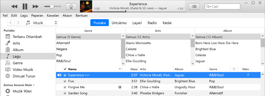 Tetingkap utama iTunes: Pelayar lajur muncul di sebelah kanan bar sisi dan di atas senarai lagu.