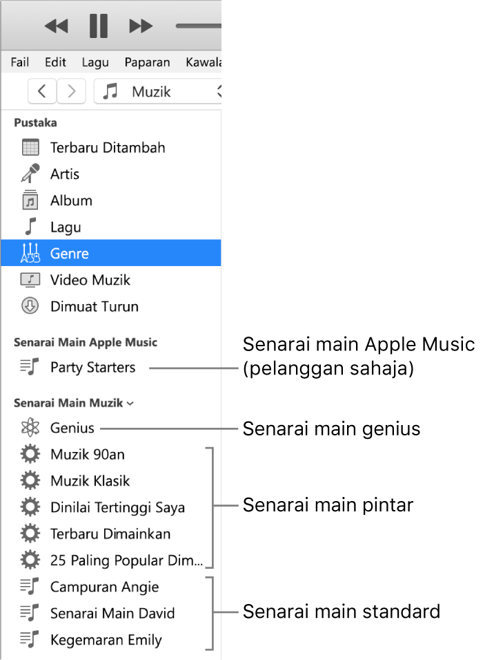 Bar sisi iTunes menunjukkan pelbagai jenis senarai main: Senarai main Apple Music (pelanggan sahaja), Genius, Pintar dan standard.