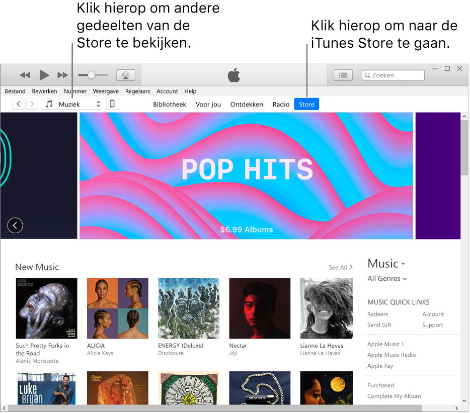 Het hoofdvenster van de iTunes Store: 'Store' is gemarkeerd in de navigatiebalk. In de linkerbovenhoek kun je aangeven of je andere inhoud (zoals 'Muziek' of 'Tv') in de Store wilt weergeven.