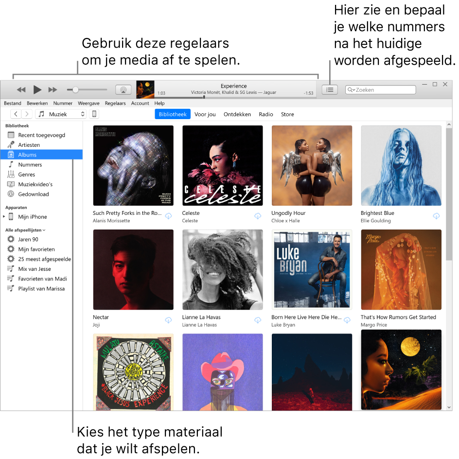 Het hoofdvenster van de iTunes-bibliotheek: In het navigatiepaneel kies je het type media dat je wilt afspelen (zoals muziek). Met de regelaars boven in het venster kun je het afspelen regelen. Gebruik de keuzelijst 'Volgende' aan de rechterkant om de bibliotheek op verschillende manieren weer te geven.