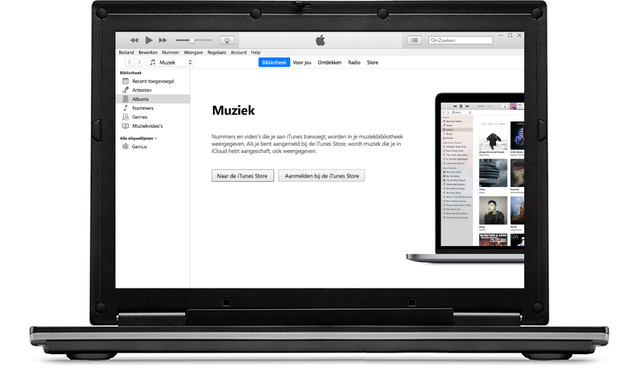 Een computer met een nieuwe, lege iTunes-bibliotheek.