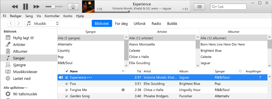 Hovedvinduet i iTunes: Kolonnenavigeringen vises til høyre for sidepanelet og over sanglisten.