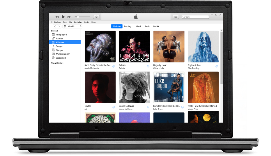 iTunes-vinduet med et bibliotek med flere albumer.