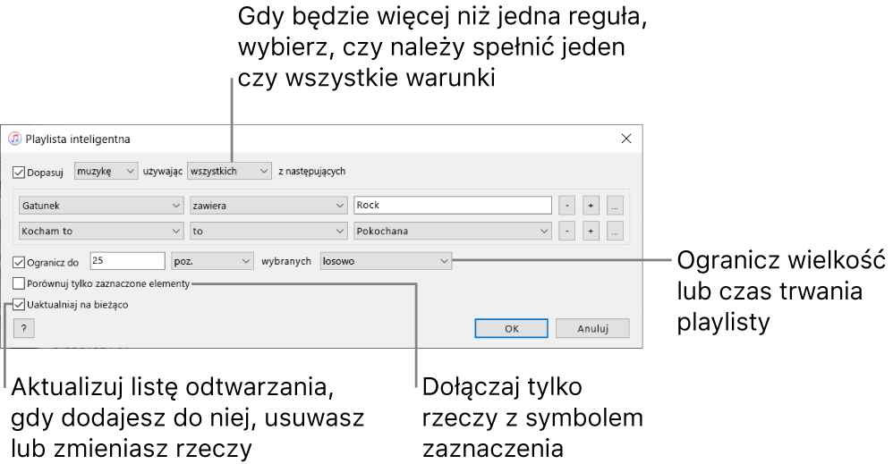 Okno playlisty inteligentnej: W lewym górnym rogu zaznacz Dopasuj, a następnie określ kryteria tworzenia playlisty (na przykład, gatunek lub pokochanie). Kontynuuj dodawanie lub usuwanie reguł. Jeśli istnieje więcej niż jedna reguła, wybierz, czy spełniony ma być dowolny warunek, czy wszystkie warunki. Zaznacz różne opcje w dolnej części okna, takie jak ograniczenie wielkości lub czasu odtwarzania playlisty, dołączanie tylko zaznaczonych utworów, lub automatyczne uaktualnianie playlisty przez iTunes po zmianie zawartości biblioteki.
