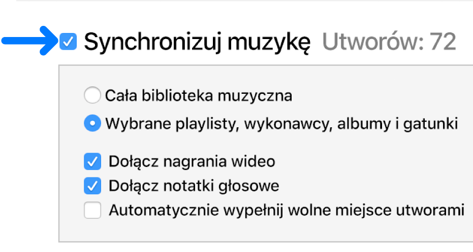 W pobliżu lewego górnego rogu dostępna jest funkcja synchronizowania muzyki (całej biblioteki lub wybranych rzeczy)