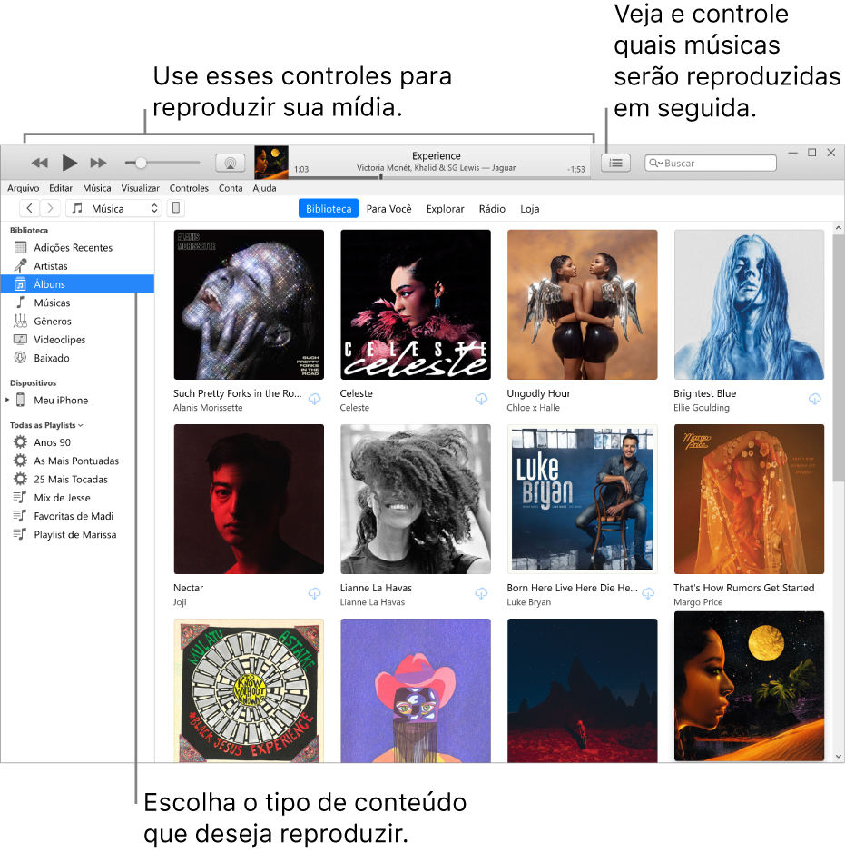 A janela principal da Biblioteca do iTunes: No navegador, escolha o tipo de mídia para reproduzir (como Música). Use os controles no banner na parte superior para reproduzir a mídia e use o menu local Seguintes no lado direito para visualizar a biblioteca de diversas maneiras.