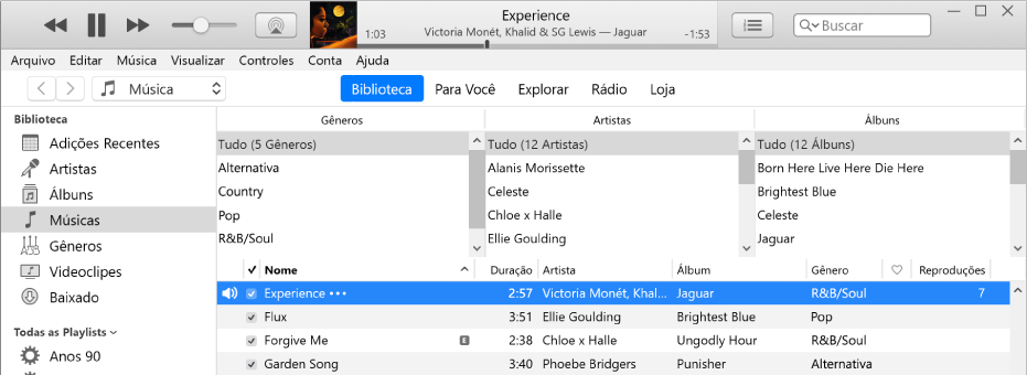 A janela principal do iTunes: O navegador por colunas aparece à direita da barra lateral e acima da lista de músicas.