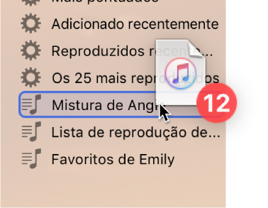 Um álbum a ser arrastado para uma lista de reprodução. A lista de reprodução é realçada por um retângulo azul.