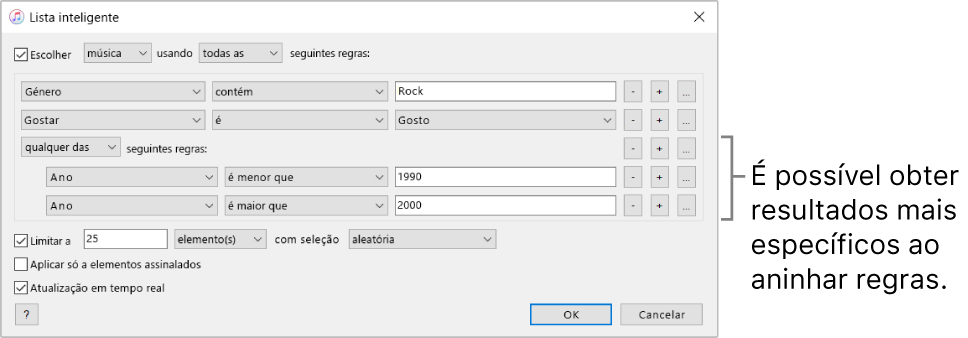 A janela da lista inteligente: Use o botão Aninhar à direita para criar regras adicionais aninhadas para obter resultados mais específicos.