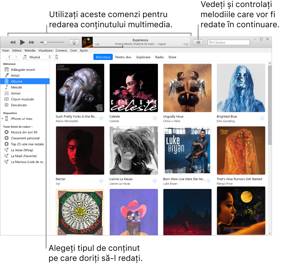 Fereastra principală bibliotecă iTunes: În navigator, selectați tipul de conținut multimedia care să fie redat (cum ar fi Muzică). Utilizați comenzile din bannerul de sus pentru a reda conținutul multimedia și utilizați meniul pop-up Urmează din dreapta pentru a vizualiza biblioteca în diferite moduri.