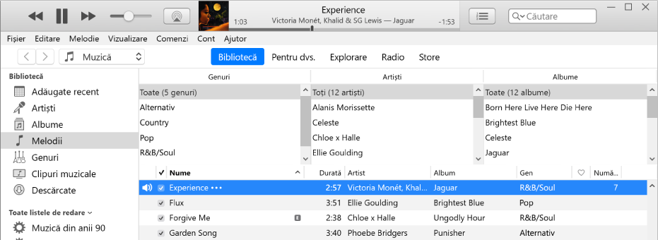 Fereastra principală iTunes: Browserul de coloane apare în partea dreaptă a barei laterale și deasupra listei de melodii.