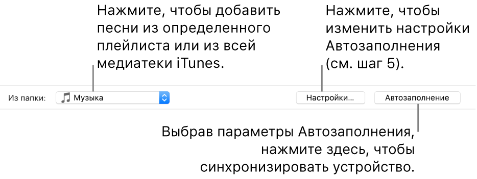 Параметры автозаполнения в нижней части панели «Музыка». У края левой стороны, во всплывающем меню «Из папки», можно выбрать, добавлять ли песни из плейлиста или из всей медиатеки. У края правой стороны расположены две кнопки — кнопка «Настройки» для изменения параметров автозаполнения и кнопка «Автозаполнение». При нажатии кнопки «Автозаполнение» устройство автоматически заполнится песнями, которые соответствуют параметрам.