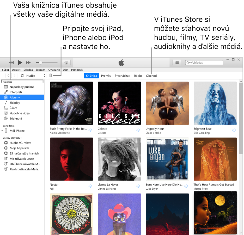 Obrázok okna aplikácie iTunes: Okno iTunes má dva panely. Na ľavej strane sa nachádza bočný panel Knižnica, ktorý obsahuje všetky vaše digitálne médiá. Na pravej strane, vo väčšej oblasti pre obsah, si môžete zobraziť výber, ktorý vás zaujíma. Môžete napríklad navštíviť svoju knižnicu alebo stránku Pre vás, prezerať si novú hudbu a videá v iTunes alebo navštíviť obchod iTunes Store, kde si môžete stiahnuť novú hudbu, filmy, TV seriály, audioknihy a ďalší obsah. Vpravo hore od bočného panela Knižnica sa nachádza tlačidlo Zariadenie, ktoré ukazuje, že váš iPhone, iPad alebo iPod je pripojený k PC.
