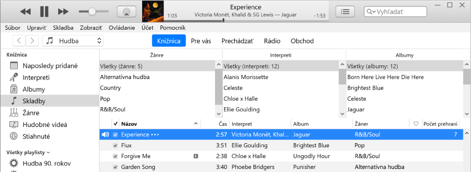 Hlavné okno iTunes: Stĺpcový prehliadač sa zobrazí napravo od bočného panela a nad zoznamom skladieb.
