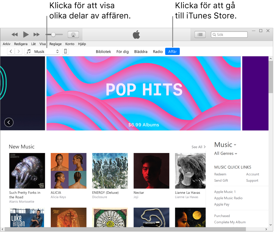 Huvudfönstret i iTunes Store: Affär är markerat i navigeringsfältet. I det över vänstra hörnet kan du välja att visa olika innehåll i affären (som Musik eller TV).