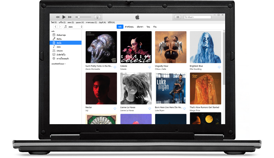 หน้าต่าง iTunes ที่มีคลังของอัลบั้มหลายๆ อัลบั้ม