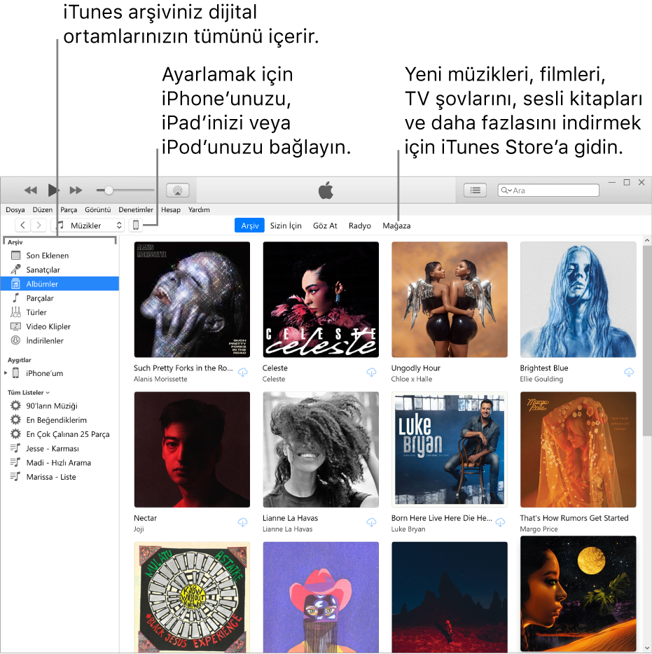 iTunes penceresinin görüntüsü: iTunes penceresinde iki bölme vardır. Solda, dijital ortamınızın tamamını içeren Arşiv kenar çubuğu bulunur. Sağda ise arşiviniz veya Sizin İçin sayfasını ziyaret edebilmeniz, yeni iTunes müziklerine ve videolarına göz atabilmeniz veya yeni müzikler, filmler, TV şovları, sesli kitaplar ve daha fazlasını indirmek üzere iTunes Store’u ziyaret edebilmeniz için daha geniş bir içerik bölümü yer alır. Arşiv kenar çubuğunun sağ üst kısmında iPhone’unuzun, iPad’inizin veya iPod’unuzun PC’nize bağlı olduğunu gösteren Aygıt düğmesi vardır.