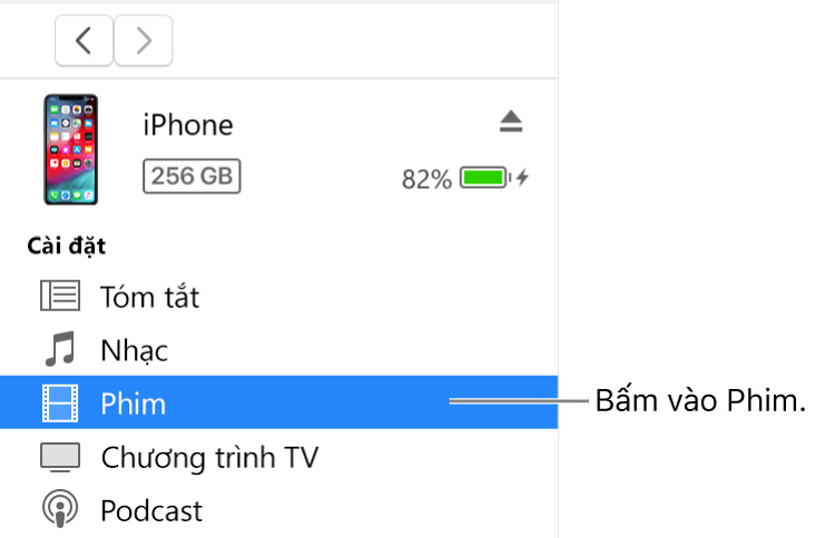 Cửa sổ Thiết bị, với Phim được chọn trong thanh bên phía bên trái.